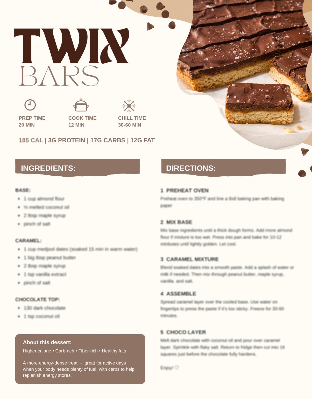 A recipe card for 'Twix Bars' showing a chocolate-topped cookie bar with a slice pulled apart. The card includes prep time, cook time, chill time, nutritional info, ingredients list, and step-by-step directions in a clean, graphic layout. Healthy gluten free ingredients for dessert